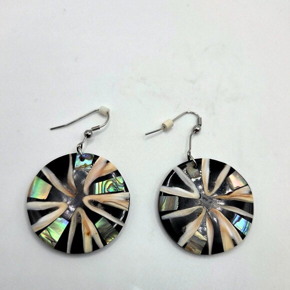 Natural Abalone Mother of Pearl & Cone Shell Earrings Tropical Beachy Round Disc - Picture 1 of 3